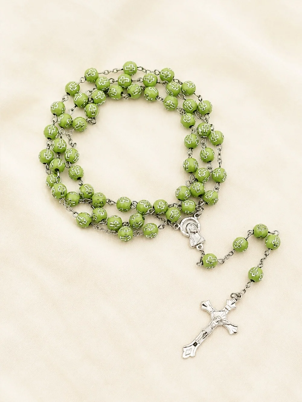 Catholic Lime Green Beaded Rosary Silver Crucifix Mary Cross Prayer Beads